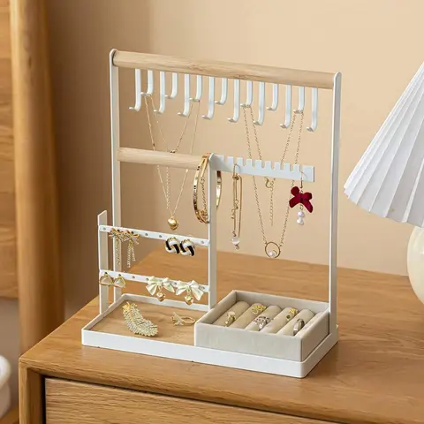 White Small Modern Metal-Wooden Tabletop Jewelry Box Organizer - 4-Tier Tree-Style Multi Compartment Design Stand with 10 Hanging Hooks, Ring Tray Included for Necklaces/Bracelets - Home Organizer Storage Supply