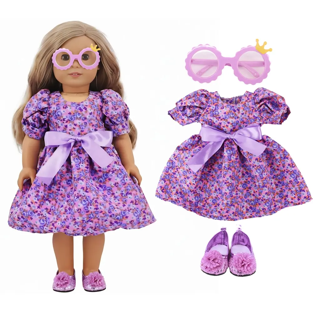 Fashion Doll Clothes Set, Floral Dress with Bow and Belt, Crown Glasses Sequin Shoes Nylon Fabric, Fits 18 Inch Dolls, Christmas Gift Birthday Present, Doll Clothing Set, Clothes For Dolls, Stylish Doll Clothes, Doll Clothes Outfit