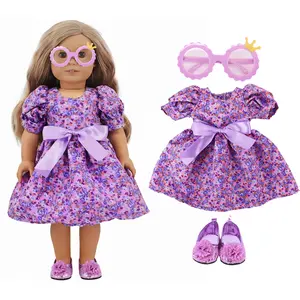 Fashion Doll Clothes Set, Floral Dress with Bow and Belt, Crown Glasses Sequin Shoes Nylon Fabric, Fits 18 Inch Dolls, Christmas Gift Birthday Present, Doll Clothing Set, Clothes For Dolls