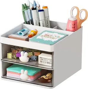 Small Desk Organizer with Drawer, Multi-Functional Pen Pencil Holder Storage Box for Desk, Desk Organizers and Accessories with 3 Compartments + 2 Drawer for Office Art Supplies(White)