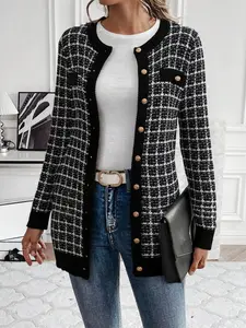 Women's Plaid Print Button Front Cardigan, Casual Long Sleeve Round Neck Knitwear for Fall & Winter, Fashion Ladies' Knit Clothing for Daily Wear Womenswear