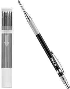 Enhon 2Mm Mechanical Carpenter Pencil Set with 12 Marker Refills and Sharpener, Woodworking Marking Tool Solid Deep Hole Construction Pencil, Extended Needle-Nose Tip for Use in Jobs (Black)