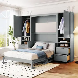 Full Size Murphy Bed Wall Bed with Closet ,Drawers and Shelves, Gray