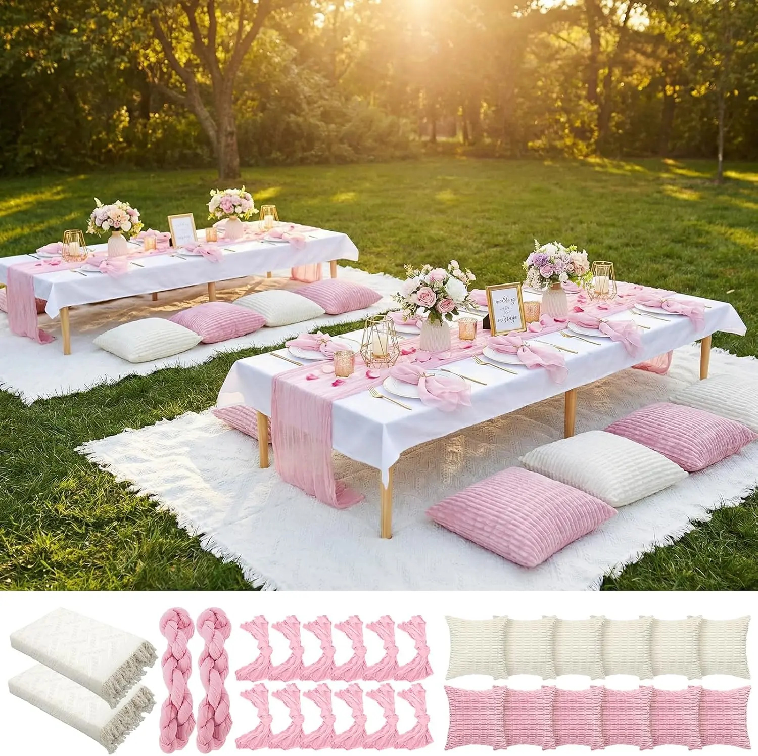 Beeveer 28 Pcs Picnic Kit 91x71 Extra Large Outdoor 2 Boho Picnic Blanket with 2 Pink Table Runner, 12 Throw Pillow Cover 12 Napkin Woven Cotton Yarn Oversize Washable Beach Blanket for Camp Wedding