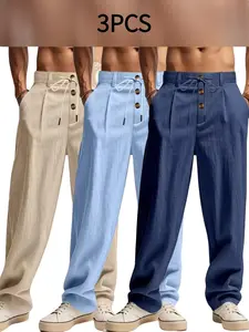 Men's casual linen trousers, with button design and drawstring waistband, are breathable and comfortable. They are suitable for indoor and outdoor activities and are suitable for all seasons. Casual Comfy Drawstring