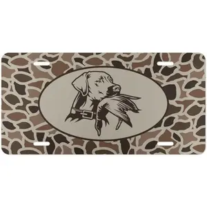 Old School Camo Duck Dog Front License Plate - 6x12 Standard Size Aluminum, Easy-Install Automotive Exterior Accessory for Hunting Waterfowl, Duck Hunter Gift, Trucks/SUVs