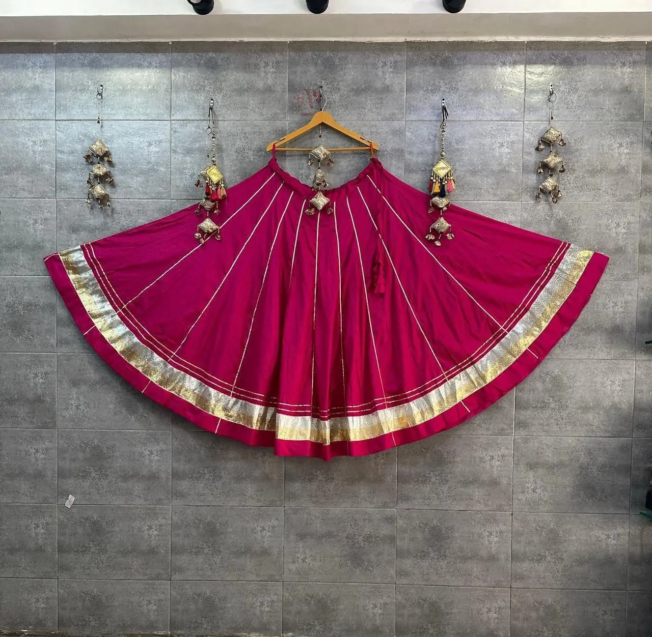 Women's Rani Hot Pink Elegant Gota Lappa Border Chaniya Lehenga Bottom Skirt for Lady, Festival Style