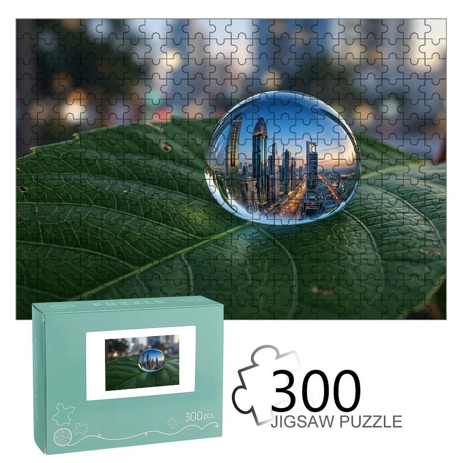 HD Glass Crystal Ball with City Skyline Refraction, Nature Green Leaf Base, Modern Home Desk Decor Ornament, Aesthetic Desk Accessory, Desk Setup Aesthetic