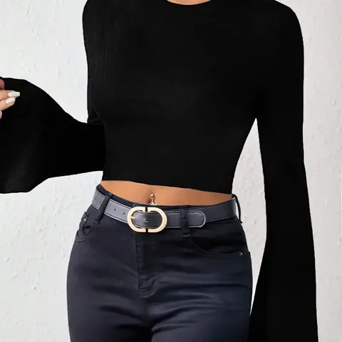 Women's Plain Lettuce Trim Flounce Sleeve Crop Tee, Elegant Mock Neck Long Sleeve Skinny T-shirt for Fall & Winter, Women's Clothing Top for Daily Wear