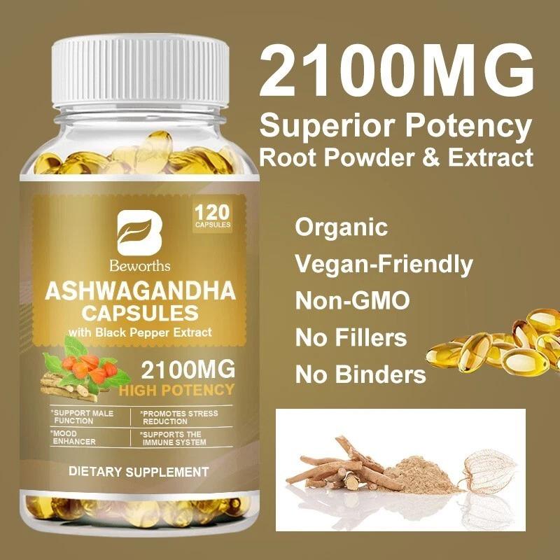 Beworths Ashwagandha Extract 2100MG 120 Softgels with Black Pepper for Stress & Mood Support High Potency Dietary Supplement