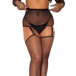 Plus Size Rhinestone Fishnet Stockings with Garter Belt, Sparkle Thigh High Mesh Stockings for Curvy Women Party Clubwear Transparent Crotchless Lingerie Bodysuit