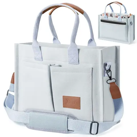 Women's Plain Multi-Handled Canvas Tote Bag - Magnetic Closure, Multi-Pocket, Adjustable Strap, Strap-Swap Carry - Fashionable Casual Commuting Shoulder Bag for Business, Back to School Use