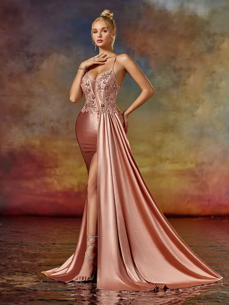 chinese dress ladies Pale Yellow Mermaid Satin Prom Dresses with Tail V-Neck Evening Dress –  Viniodress main image 1