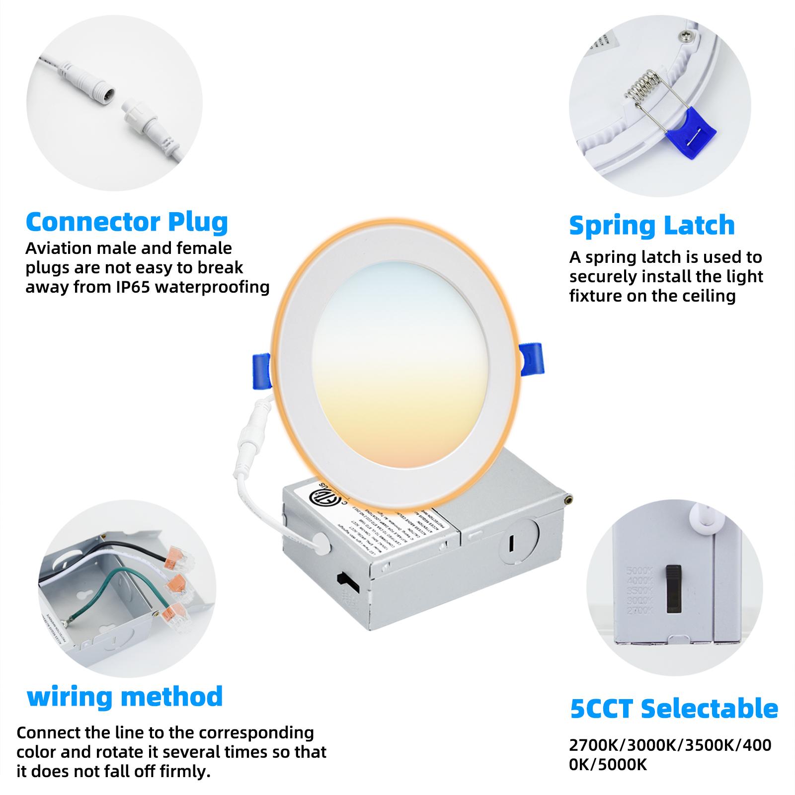 6 inch 5CCT LED Recessed Ceiling Light with Night Light with Junction Box, 2700K/3000K/3500K/4000K/5000K Selectable Ultra-Thin Lighting, 12W=110W, 10500LM, Dimmable Canless Wafer Downlight ETL