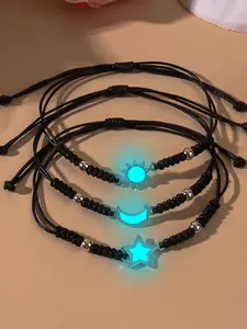 3 Pcs Glow-In-The-Dark Moon Star Bracelets, Simple Fashion Handwoven Gift Wristbands, Perfect for Gifts and Daily Wear, Stackable Bracelet Set