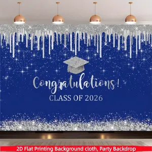 Blue and Silver Graduation Party Background Banner, Class of 2026 Photography Background Cloth, 2026 Graduation Party Decoration, Polyester Material, Suitable for Indoor/Outdoor Graduation Party Supplies, Home Decoration, Room Decoration, Wall Decoration