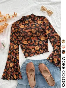 Women's Casual Breathable Floral Print Long Sleeve T-Shirt Blouse, Comfortable Fashion Top for Daily Wear, Stylish Ladies' Clothing