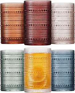 Colored Hobnail Drinking Glasses Set of 6, 12oz Vintage Kitchen Glassware, Embossed Beaded Glass Cups, Water Glasses, Beaded Colorful Water Tumbler for Cocktail, Juice and Various Mixed Drinks