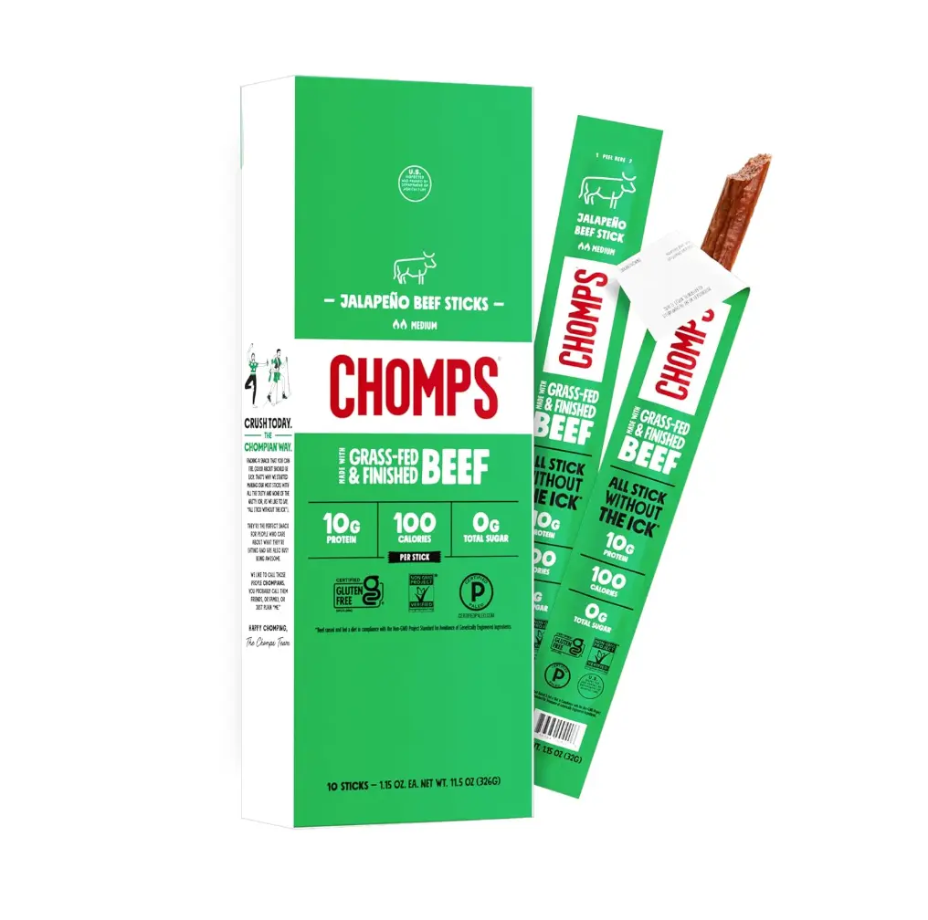 Chomps Jalapeño Beef, Grass-Fed & Finished, 10ct, Protein Snack Stick | Grass-Fed and Finished Jalapeño beef jerky snack sticks, gluten-free meat sticks, Paleo snacks, Keto, Whole30, Non-GMO