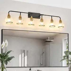 ARCH 48-Inch Modern 6-Light Vanity Wall Sconce Black and Gold Bathroom Light Fixture with Clear Glass Shades Industrial Wall Mounted Lamp for Mirror Vanity Living Spaces E26 Base Bulb Not Included, Black+Gold Color Options, Glass/Iron Material