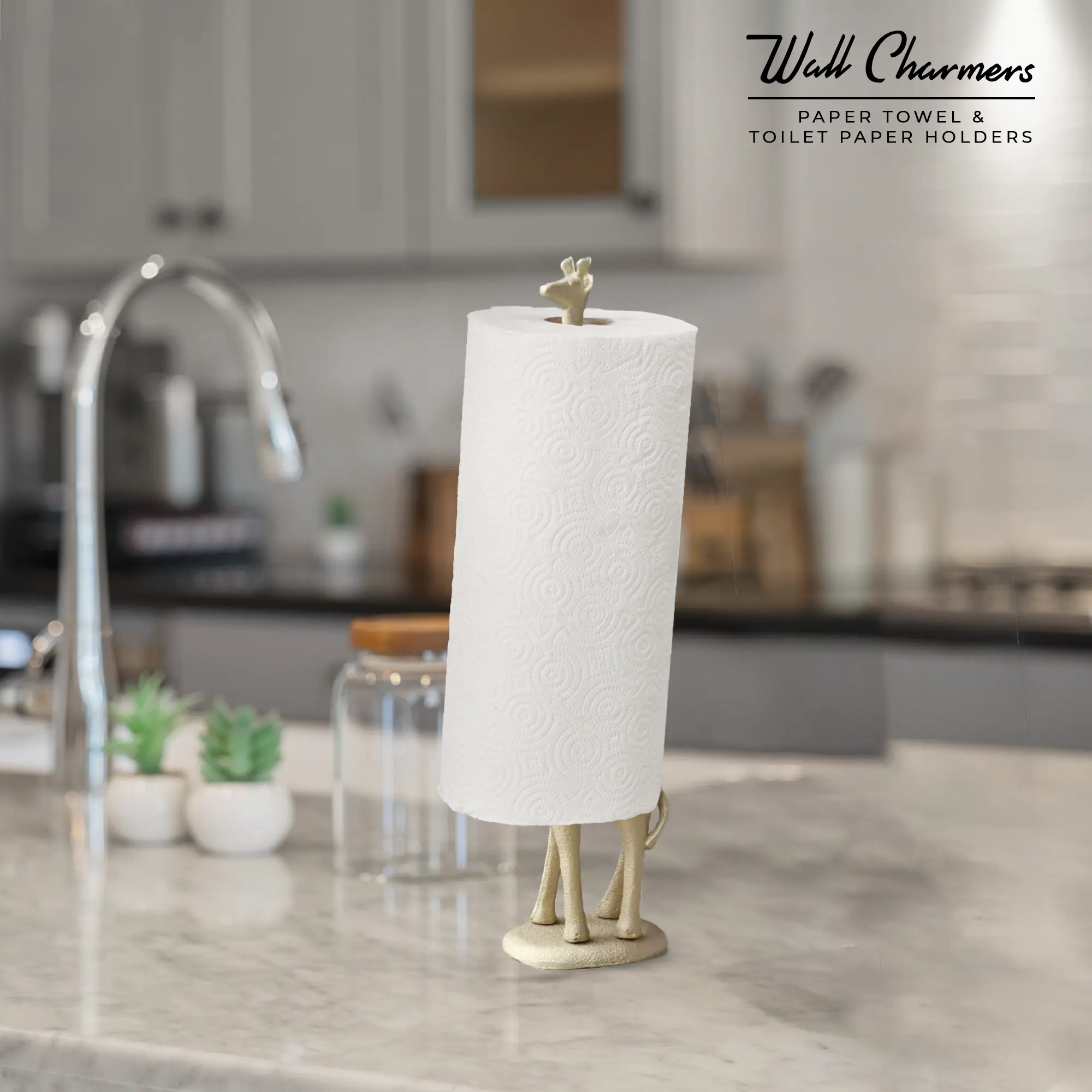 Gold Giraffe Paper Towel Holder & Toilet Paper Stand – 16.5" Cast Iron Freestanding Kitchen & Bathroom Decor, Heavy No-Tip Holder