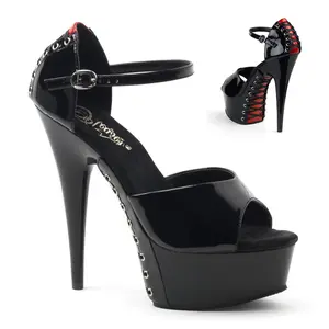 Pleaser Delight-660FH Black-Red Pat-Black Platform Sandals 6" Stiletto Heel 1 3/4" Platform Elegant Stylish Women's Summer Footwear