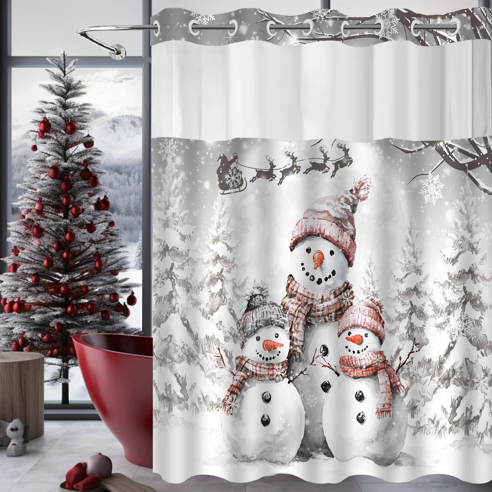Christmas No Hook Shower Curtain Detachable, Machine Washable, Waterproof Lining，Suitable for bathroom and hotels 72‘‘*75’’