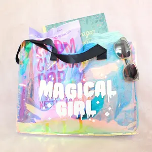 Magical Girl Holographic Tote Bag. Large Rainbow Waterproof Bag. Plastic