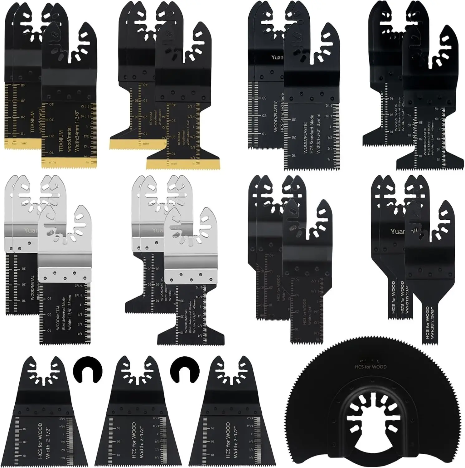 30-Count Titanium+Bi-Metal Oscillating Tool Blades Kit - Universal for Metal & Plastics, Professional Quick Release, Carbon Steel, Low to Medium Cutting Drywall, Fiberglass, Laminate Flooring