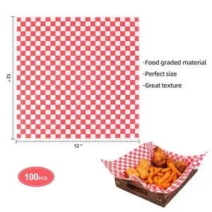 100pcs Deli Paper Sheets 12x12", Premium Food Basket Liners, Grease Resistant Wax Paper Sheets For Food, Classic Checkered Sandwich Wrapping Paper For Party, Festival And Outdoors