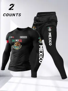 Men's Mexican Themed Flag Letter Print Long Sleeve Top with Faux Two Piece Pants Set, Casual Knit Fabric for Fall & Winter