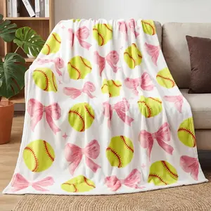 Coquette Pink Bow Softball Blanket - Soft Flannel Throw for Girls Team Players, Ideal Sports Lover Gift for Bed or Sofa Decoration, Travel-Friendly Textile,summervibes