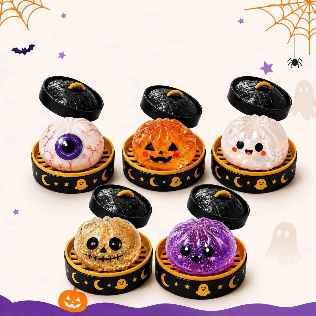 5 Pack Halloween Ghost Squishy Toys, Cute Dumpling Bao Bun Fidget Toys with Steamer, Spooky Stress Relief Sensory Toys, Halloween Party Favors & Gifts