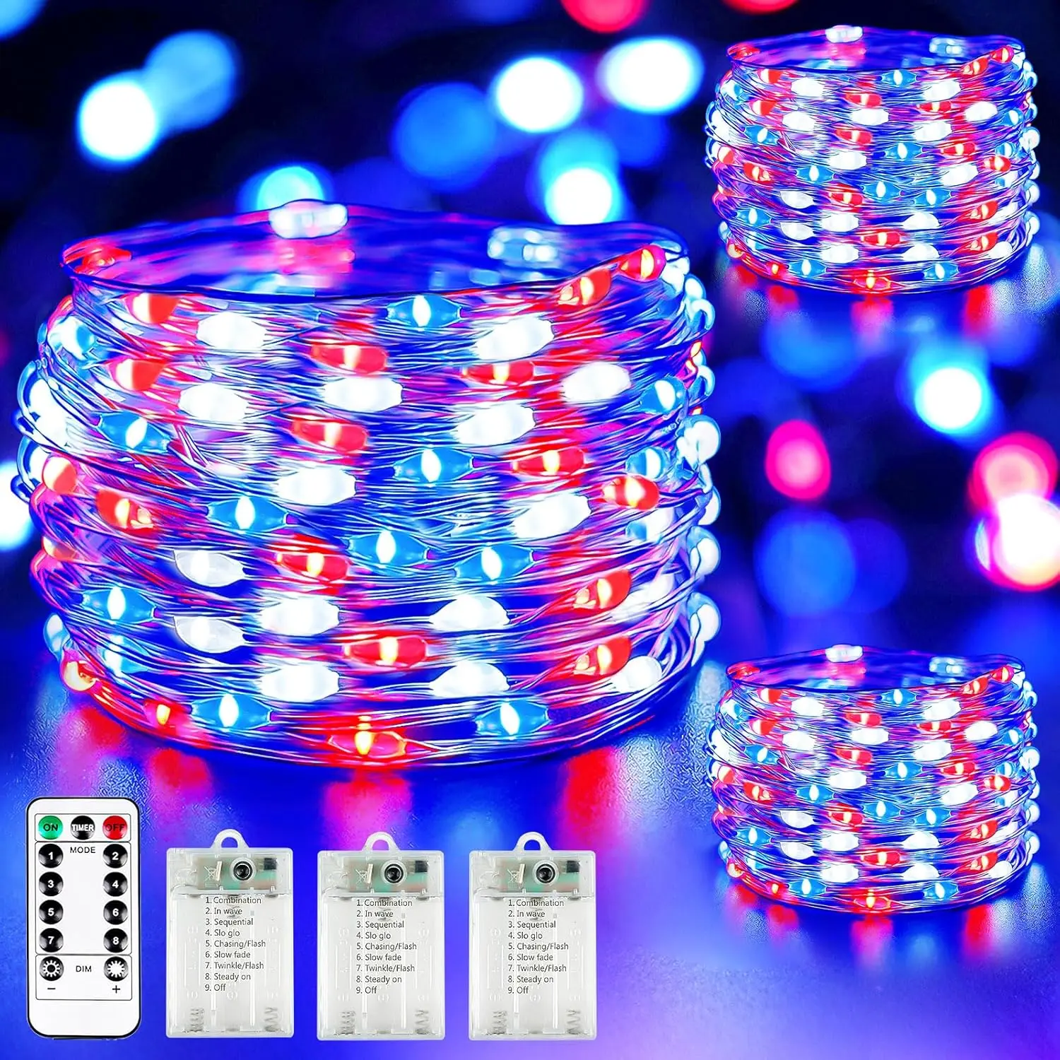 4th of July Decoration Lights, 3 Pack Red White and Blue Fairy Lights  Operated with Timer & Remote,  Patriotic Light Indoor Outdoor 8 Modes for Independence Day Memorial Day Decor