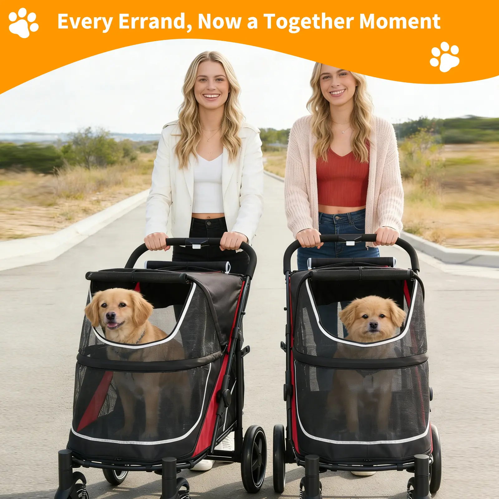 Large Dog Stroller for Extra Large Dogs, Pet Stroller with 11" All-Terrain Wheels, 360° Rotatable Front Wheels & Brakes, One-Step Fold, Dual Entry Doors for Senior Dogs, Orange/ Red