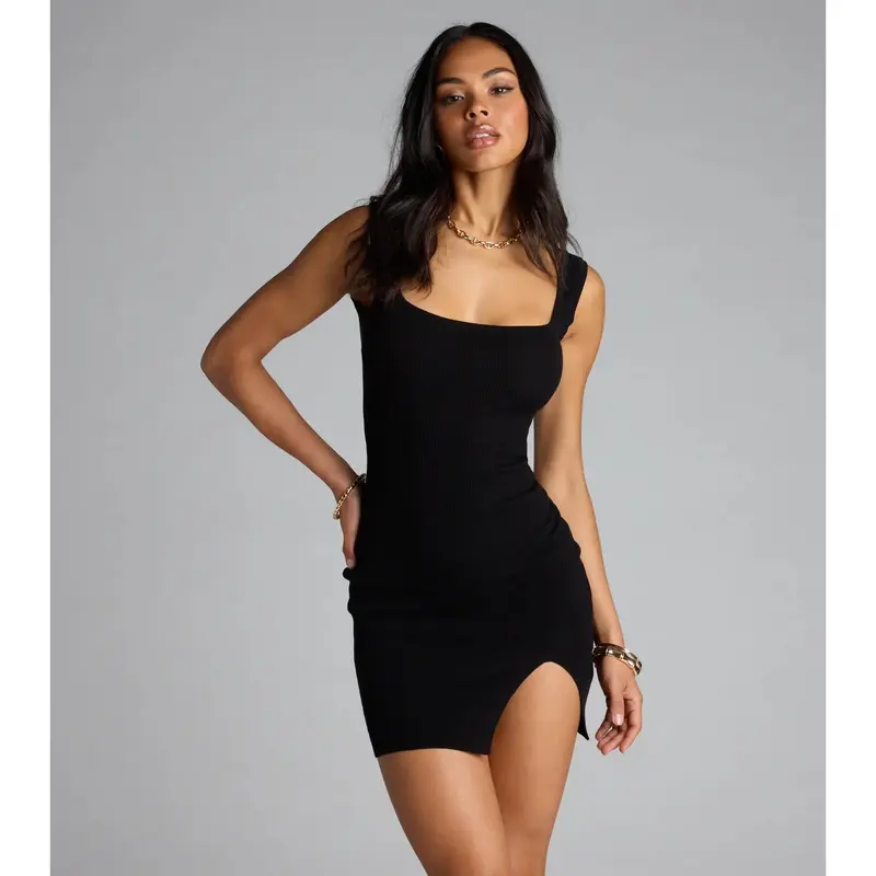 ayo edebiri black leather dress Jolene Asymmetrical Hem Dress – Honey and Stardust main image 1