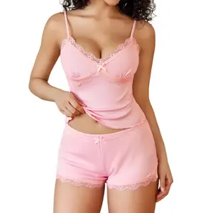 Avidlove Women Cami Pajama Set  Sleepwear V Neck Lace Trim Short PJ Set Side Slit Nightwear S-XXL SpringStatements Elastic Silky Strap Breathable