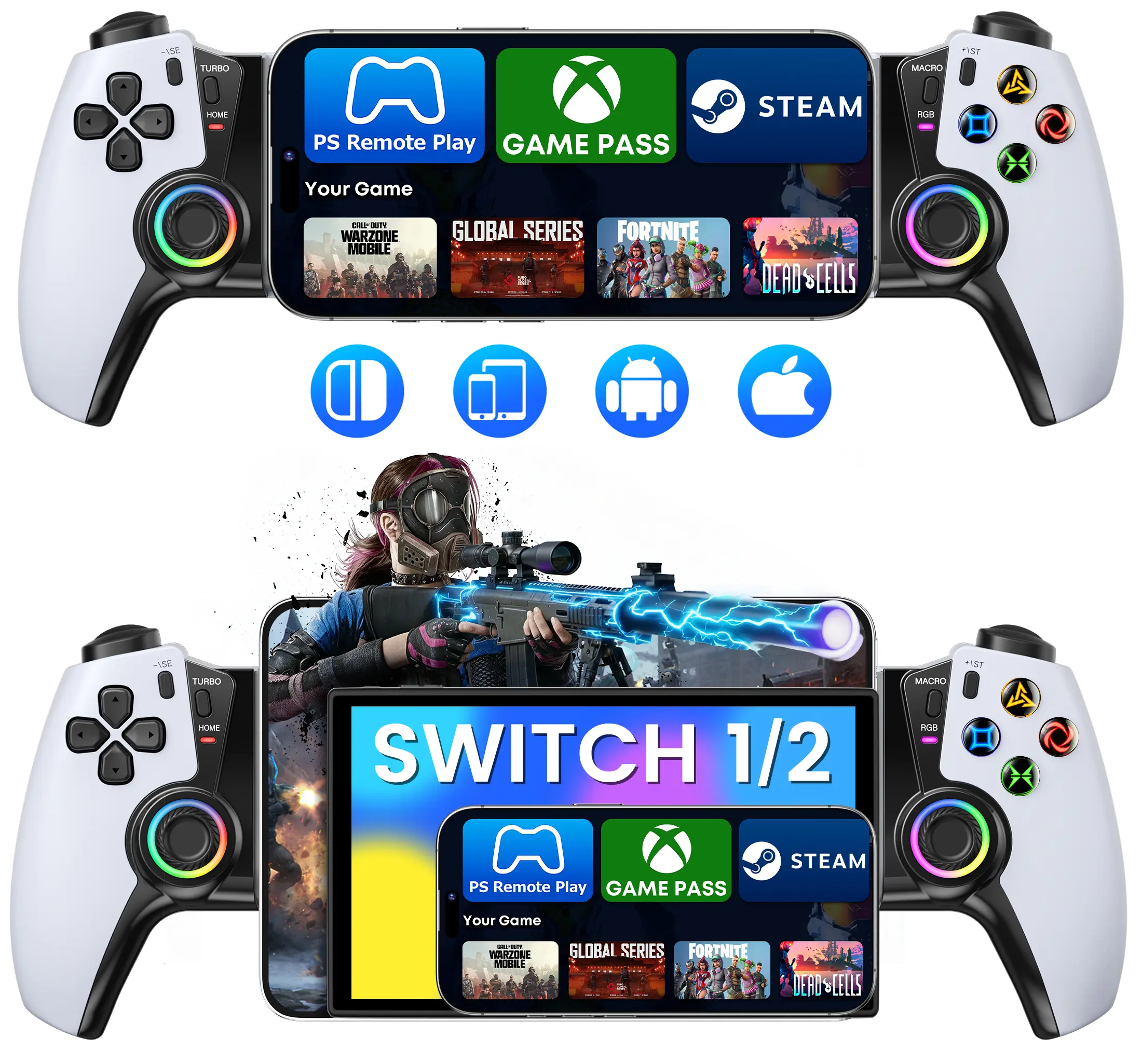 Mobile Gaming Controller for PS Remote Play,Wireless Phone Game Controller for iOS/Android/Switch 1/2/OLED/Xbox/Steam/GeForce Now/MFi Apple Arcade/Roblox,Controller with Hall Effect Joystick/RGB