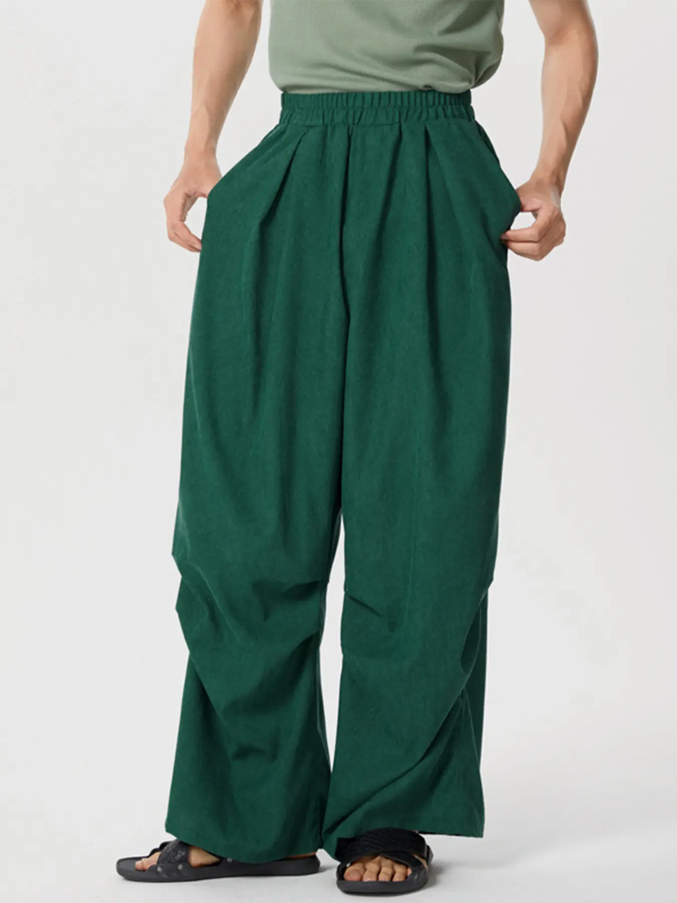 INCERUN Mens Wide Leg Pockets Long Pants Elastic Casual Loose Baggy Plain Trousers Bottoms, Menswear, Casual Streetwear Trousers