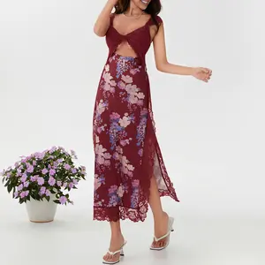 Women Long Bodycon Dress Floral Print Lace Patchwork Cutout V-Neck Sleeveless Dress Summer Slit Backless Party Dress
