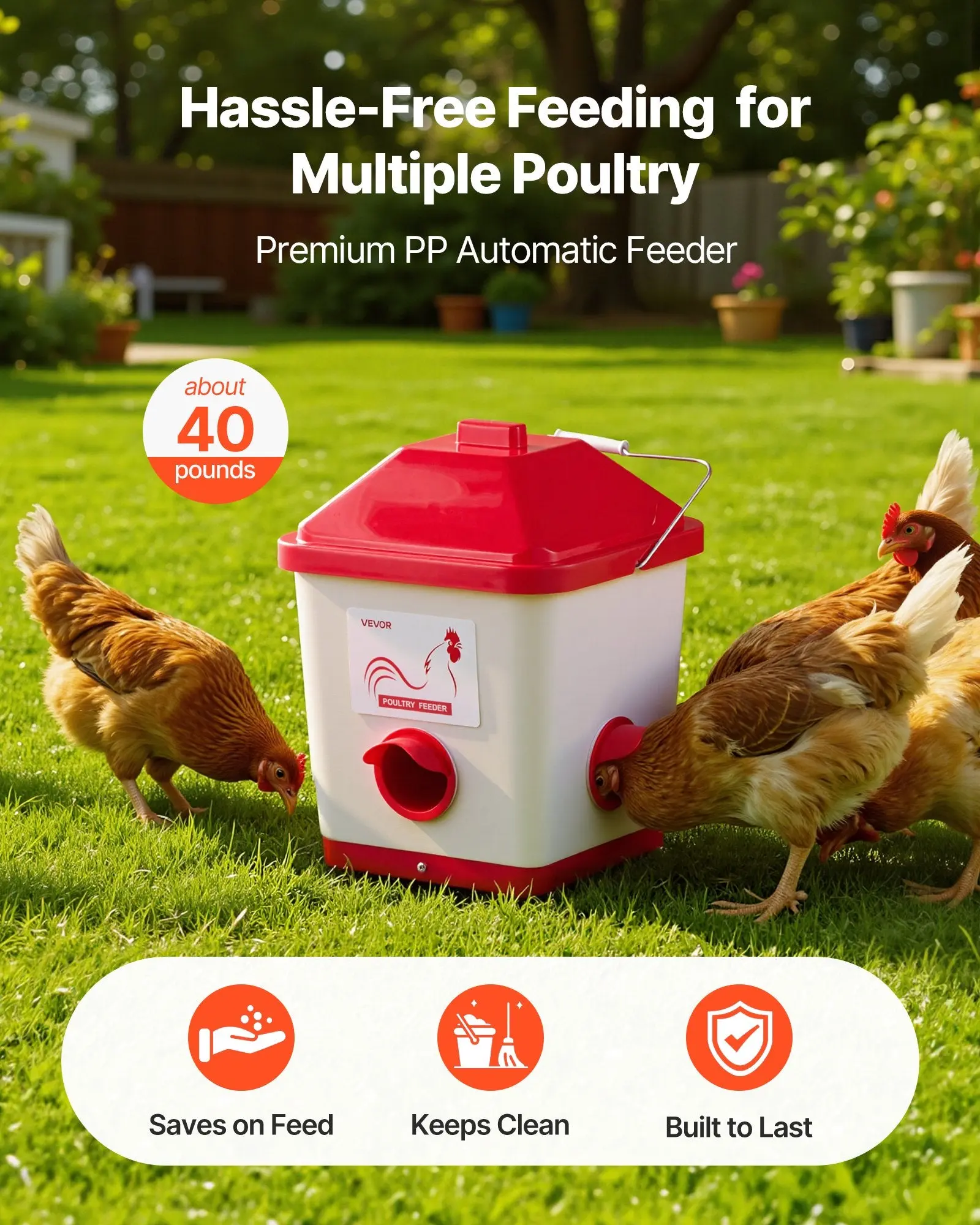 Automatic Large 40lbs Hanging Chicken Feeder 3 Ports