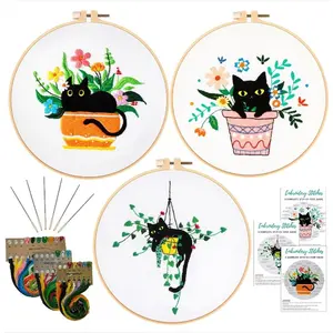 3 Sets Cute  Embroidery Kit for Adults Beginners, Stamped Cross Stitch Starter Kits Include Needlepoint Cloth Hoops  Threads and Instruction