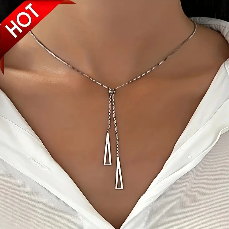Elegant Retro Style Geometric Triangle Y-Shapped Silver Necklace, Suitable for Women, Extra Long Sweater Chain Jewelry