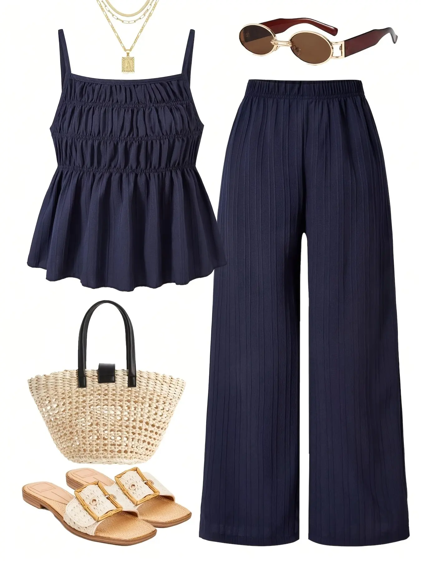 Casual Wrinkled Texture Halter Top & Wide Leg Pants Set, 2 Piece for Daily Wear, Vacation, Sister Photos, Spring Summer Clothing