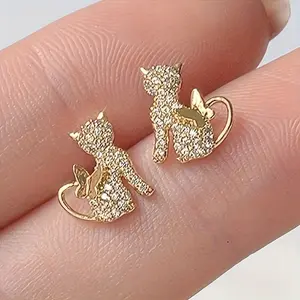 Pair of Shiny Gold Cat Earrings Women's - Hypoallergenic Cubic Synthetic Zirconia, Cute and Elegant Design, Perfect Gifts for Friends, Casual Wear, Parties and Special Occasions, Party Accessories | Elegant Shiny Earrings | Wing Detail Accessories