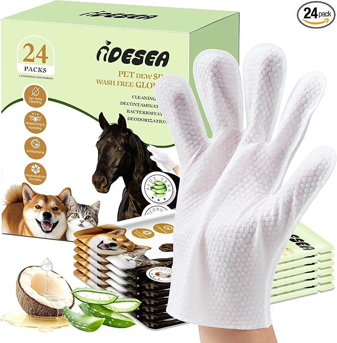 24-Pack Pet Grooming Glove Wipes for Dogs - Daily Grooming, Plant-Based, Waterless No-Rinse Wipes for Paws & Fur, Deodorizing Disposable Bathing Gloves for Home & Travel
