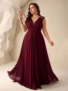 Elegant V-Neck Sleeveless Sequin Patchwork Chiffon Dress, Chest Ruched Waist Cinch, Flowy Bridesmaid Gown, Pure Color Design, Elegance, Womenswear