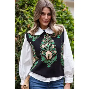 Evergreen Botanical Print Black Knit Vest