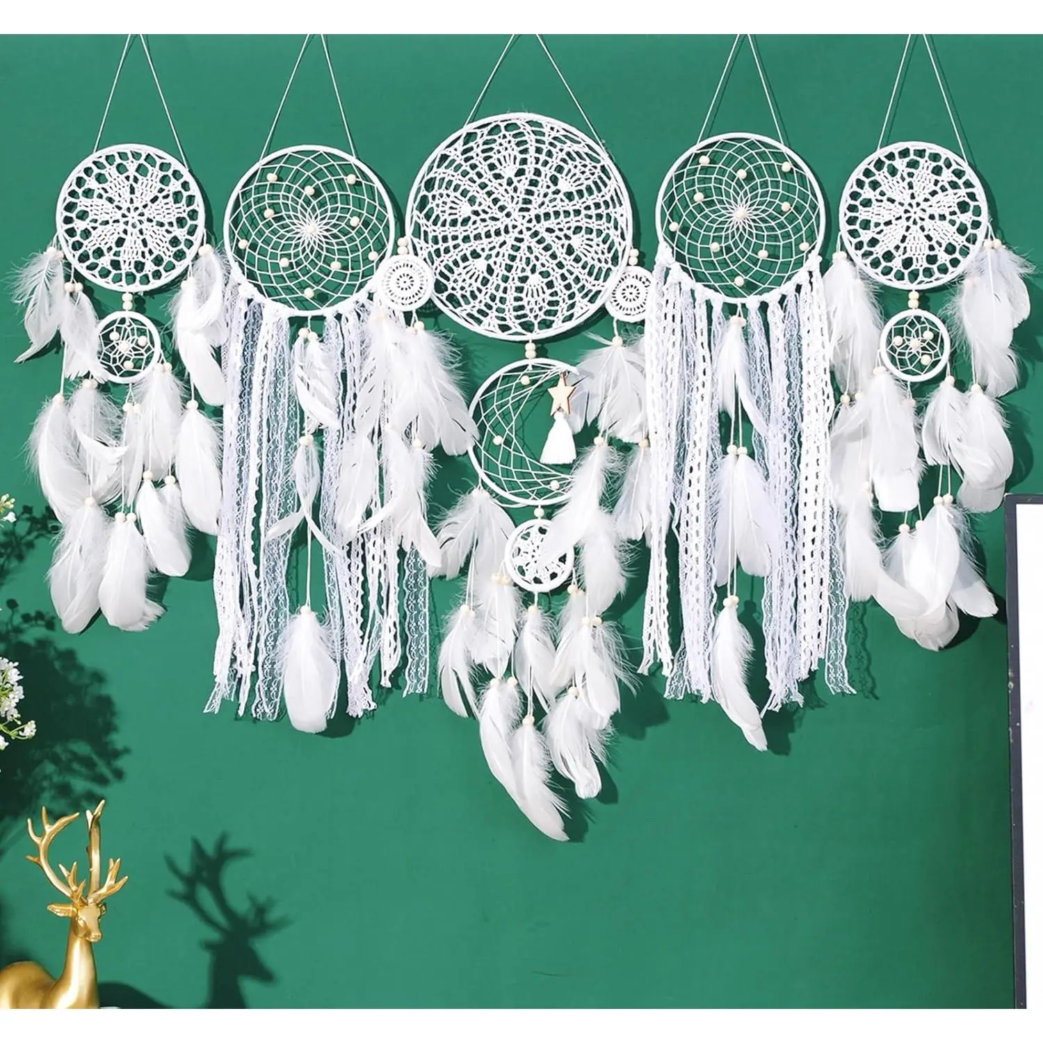Dream Catchers Boho Wall Decor - Handmade Moon and Sun  Dreamcatcher Set, Traditional Native  Wall Hanging for  Bedroom, Adult Living Room, Home Bohemian Decor (White, 5 count)