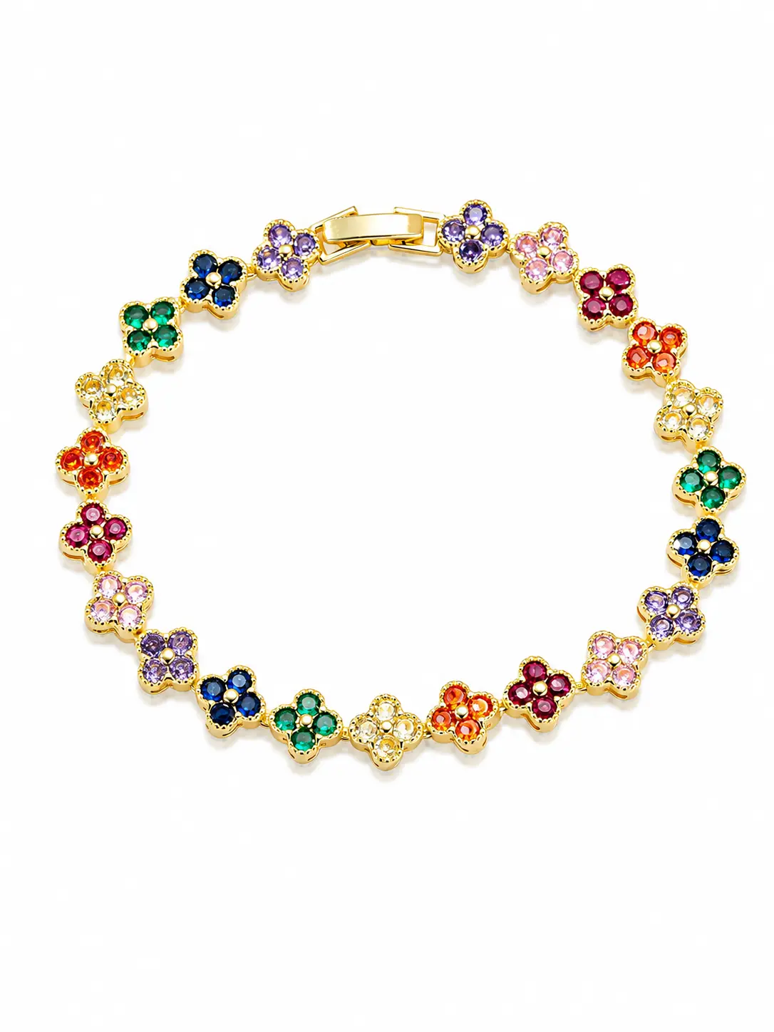Gold-Plated Tennis Bracelet with Colorful 4 Leaf Clover Links and Cubic Zirconia, Adjustable Tarnish-Resistant Jewelry for Women, Unisex campingessentials, Opening Ceremony, Clover Flower Bracelet, Exquisite Bracelet